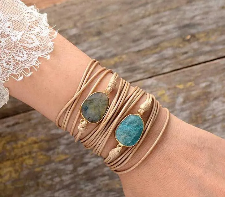 Natural Rose Quartz Charm Leather Wrap Bracelet