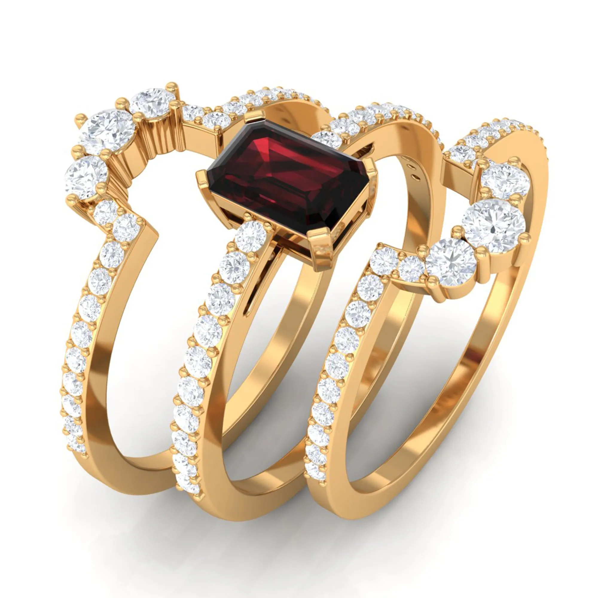 Octagon Cut Garnet Solitaire Engagement Ring Set with Diamond