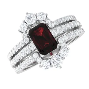 Octagon Cut Garnet Solitaire Engagement Ring Set with Diamond