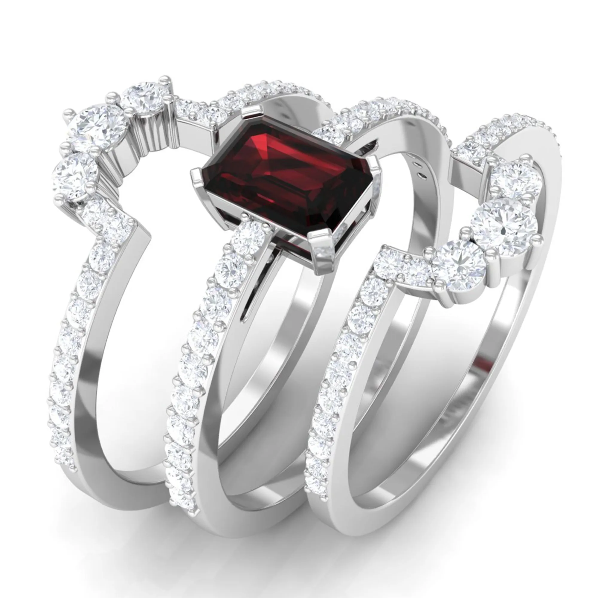 Octagon Cut Garnet Solitaire Engagement Ring Set with Diamond