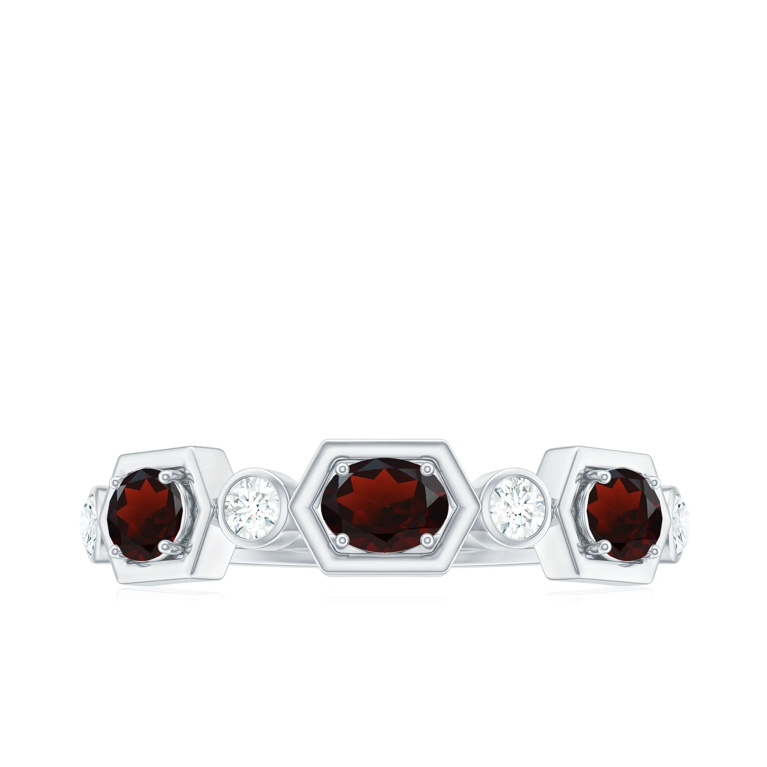Oval Cut Garnet Half Eternity Ring with Diamond Stones