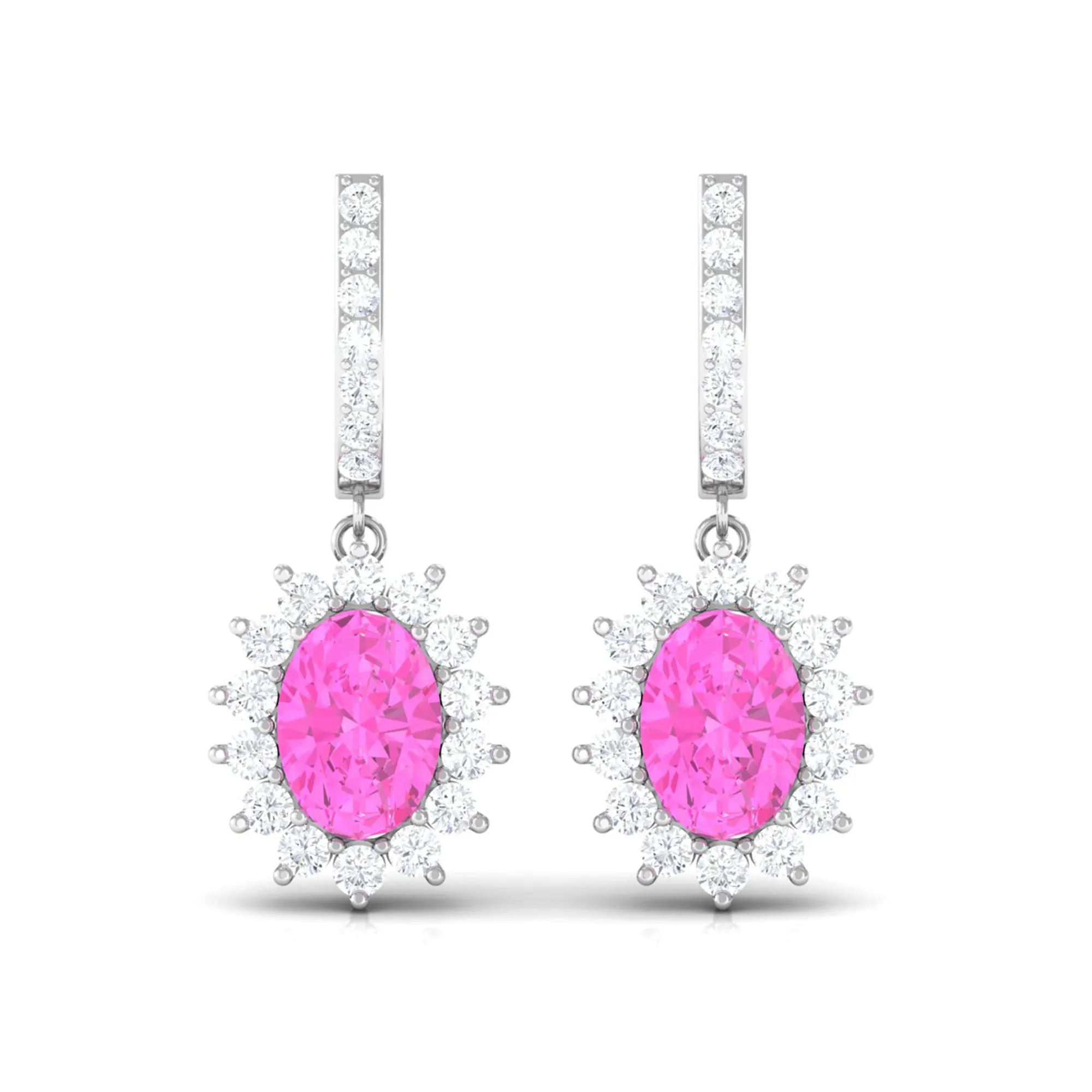 Oval Pink Sapphire and Diamond Sunburst J Hoop Drop Earrings