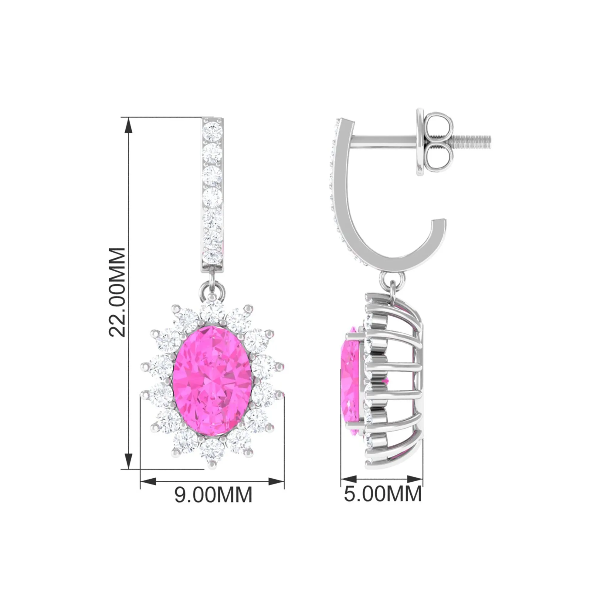 Oval Pink Sapphire and Diamond Sunburst J Hoop Drop Earrings