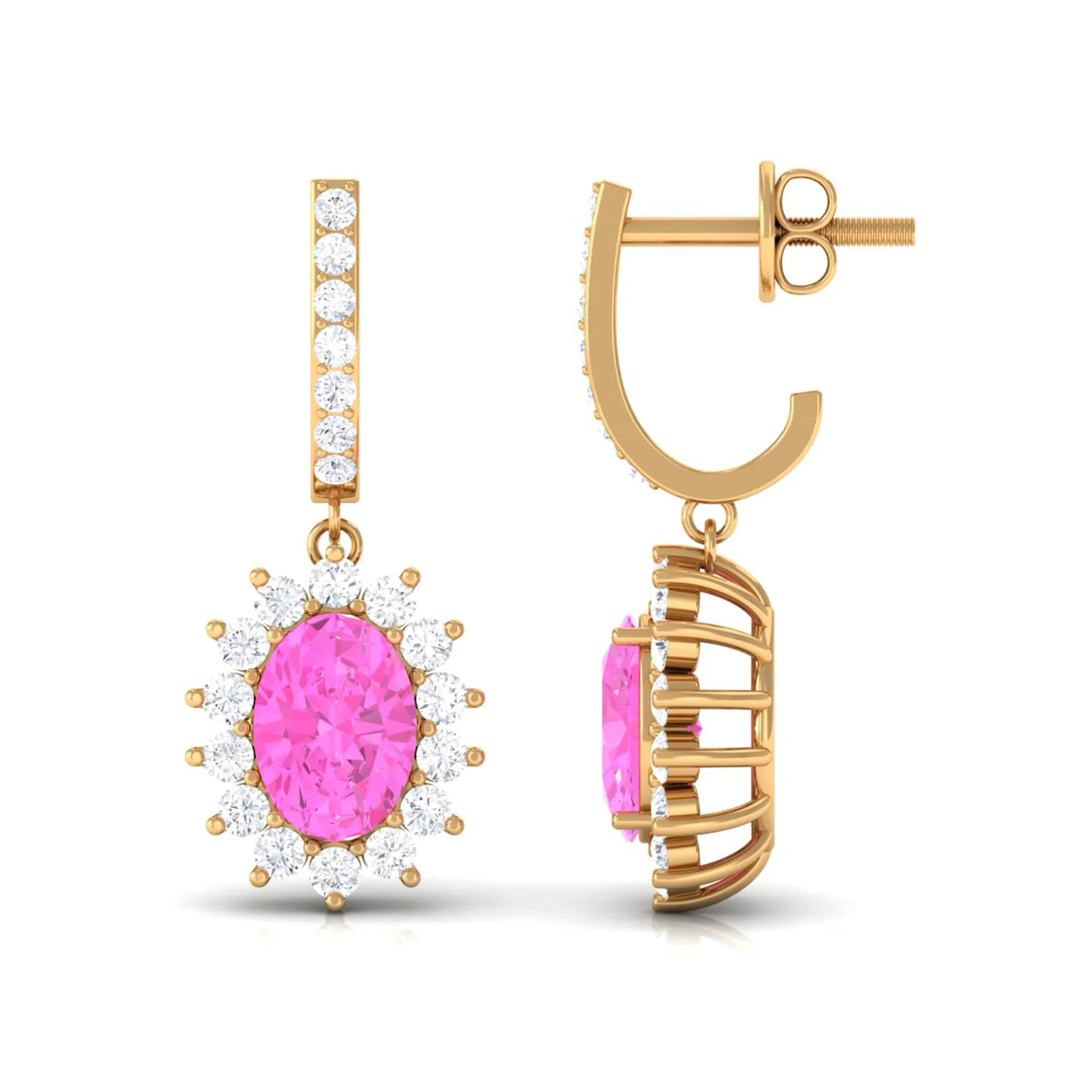 Oval Pink Sapphire and Diamond Sunburst J Hoop Drop Earrings