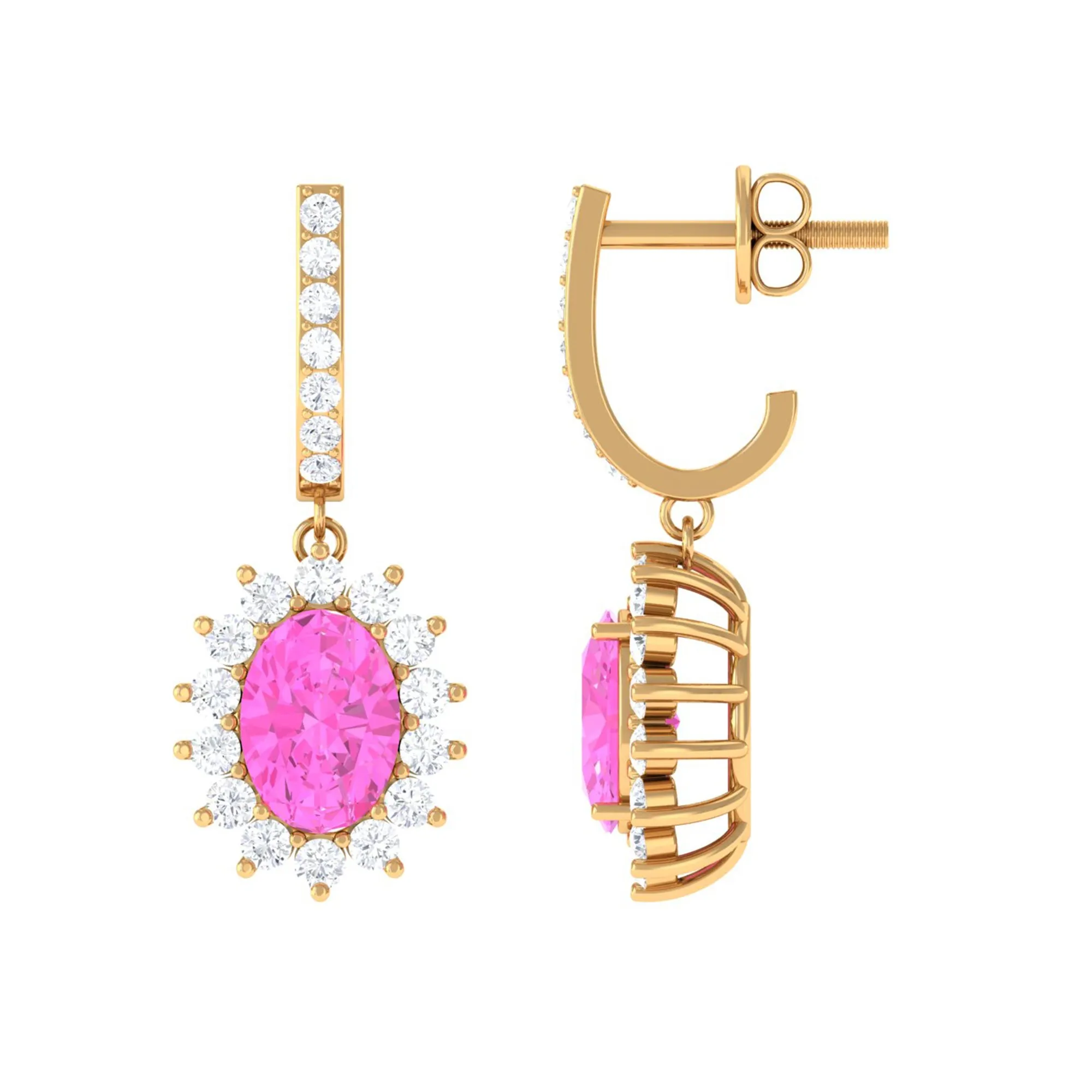 Oval Pink Sapphire and Diamond Sunburst J Hoop Drop Earrings