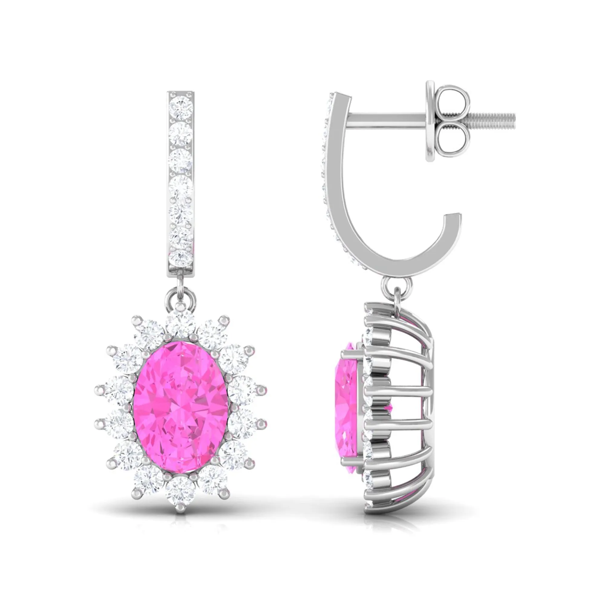 Oval Pink Sapphire and Diamond Sunburst J Hoop Drop Earrings