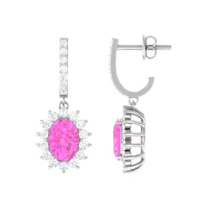 Oval Pink Sapphire and Diamond Sunburst J Hoop Drop Earrings