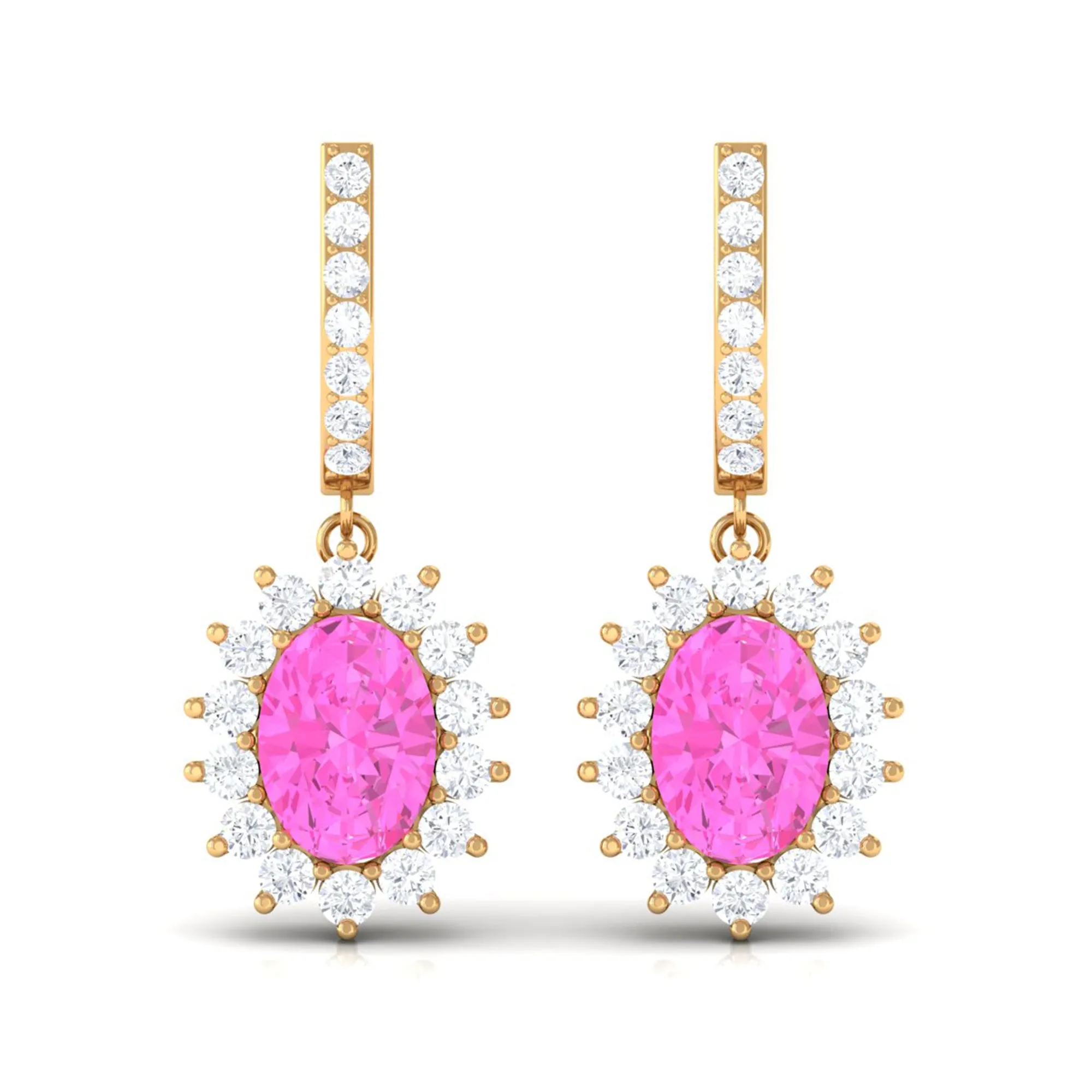 Oval Pink Sapphire and Diamond Sunburst J Hoop Drop Earrings