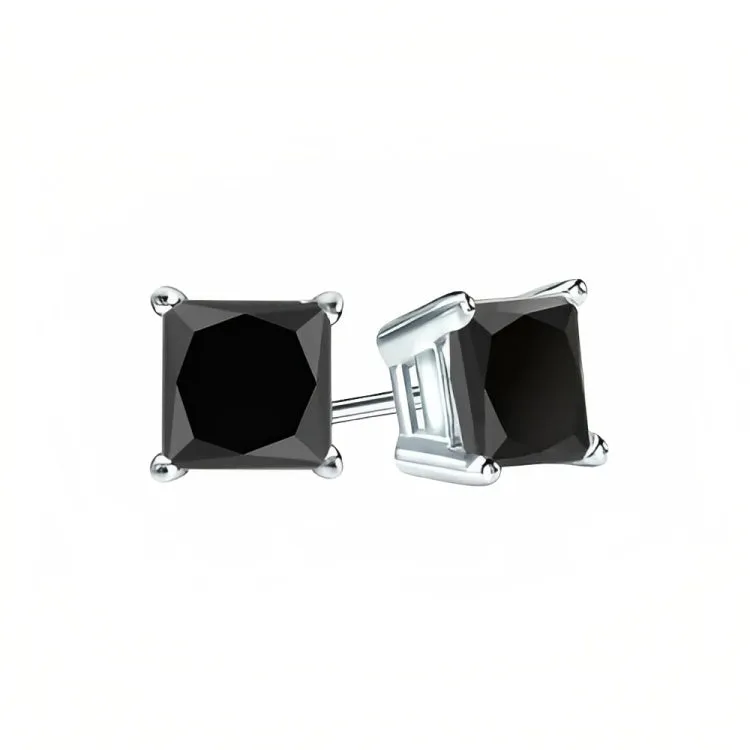 Paris Jewelry 18k White Gold 2 Pair Created Black Sapphire 4mm Round & Princess Cut Stud Earrings Plated