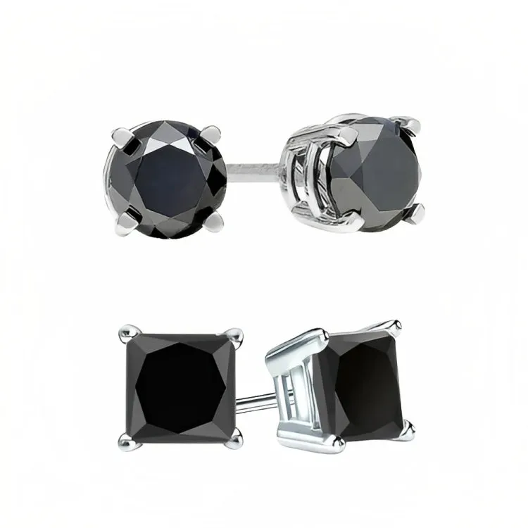 Paris Jewelry 18k White Gold 2 Pair Created Black Sapphire 4mm Round & Princess Cut Stud Earrings Plated