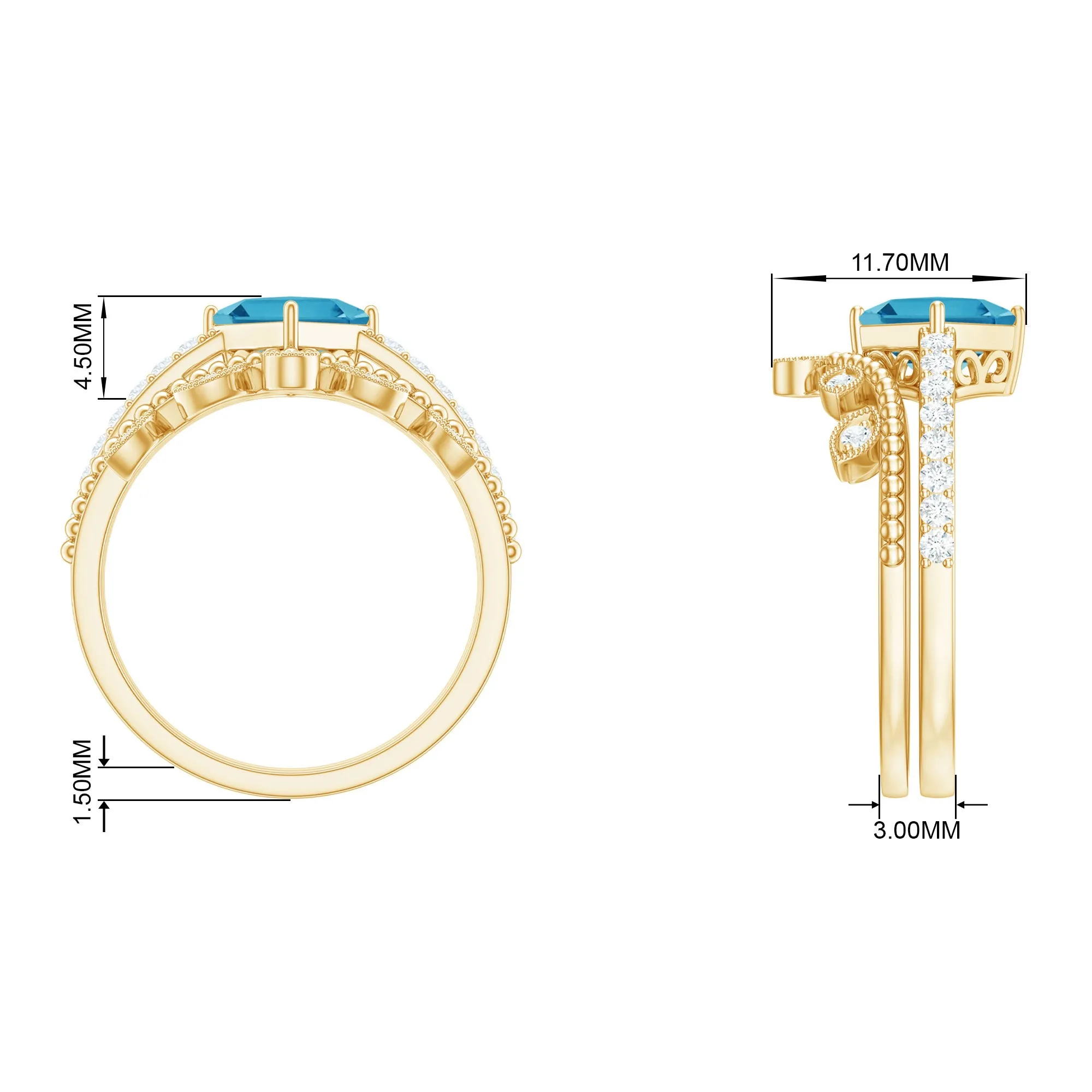 Princess Cut Swiss Blue Topaz Vintage Ring Set with Diamond