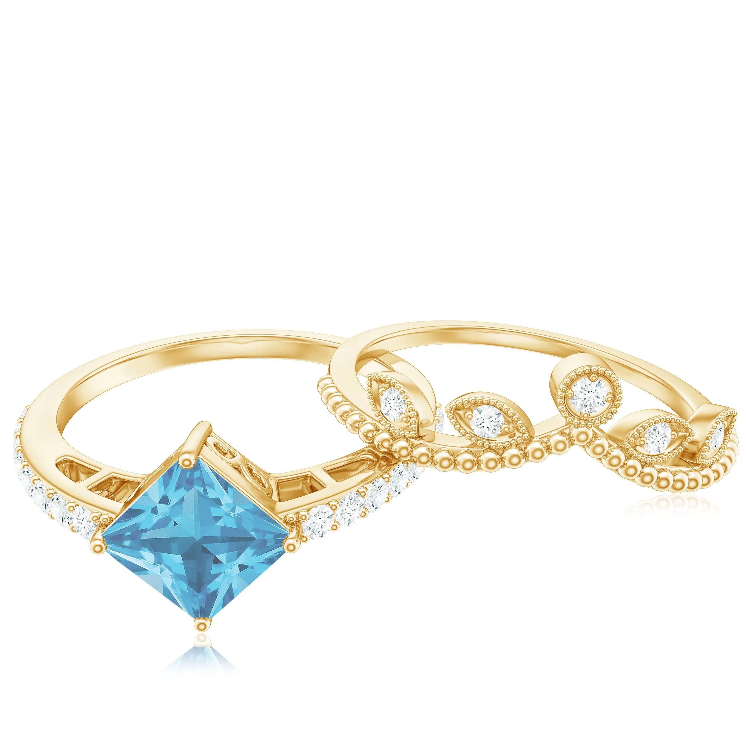 Princess Cut Swiss Blue Topaz Vintage Ring Set with Diamond