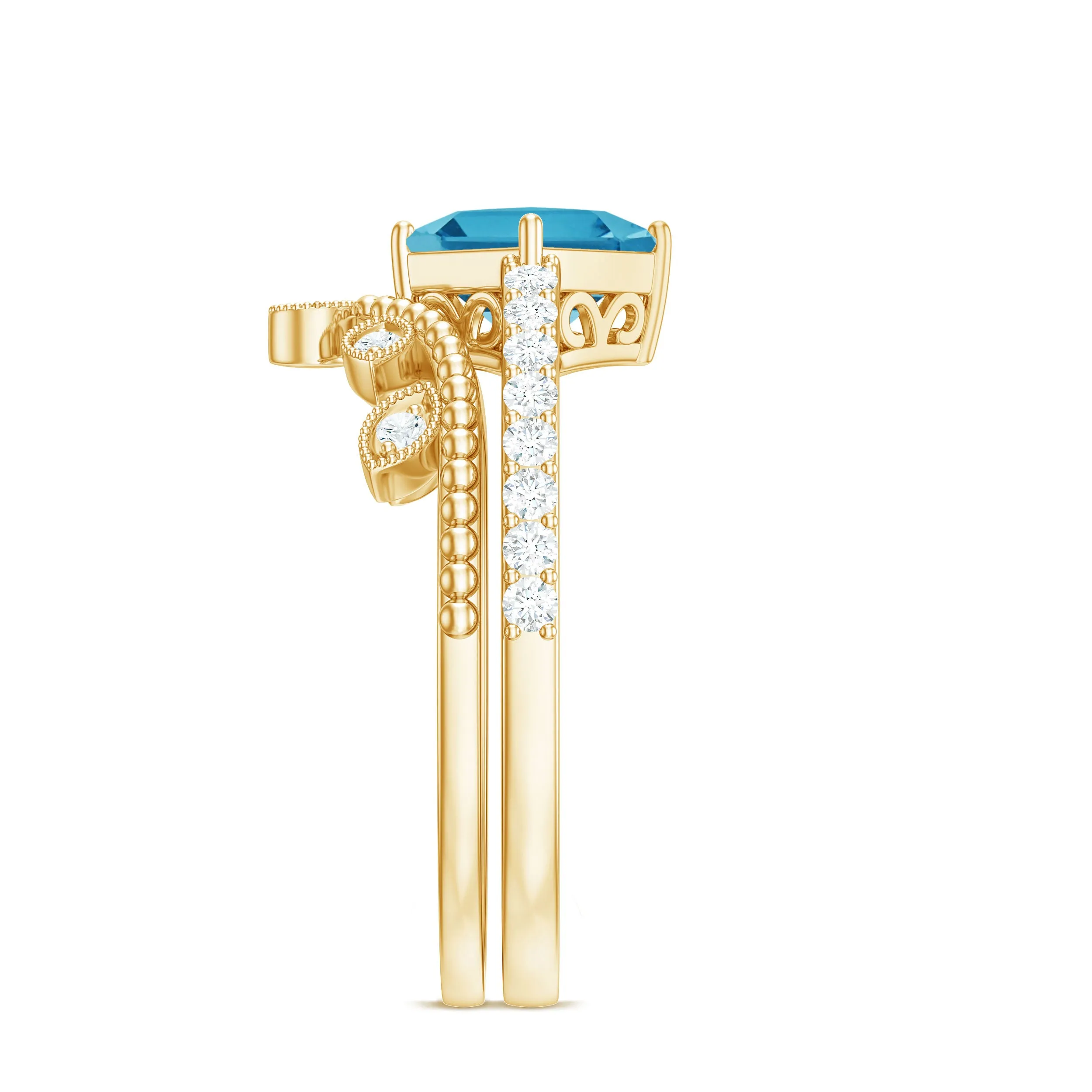 Princess Cut Swiss Blue Topaz Vintage Ring Set with Diamond