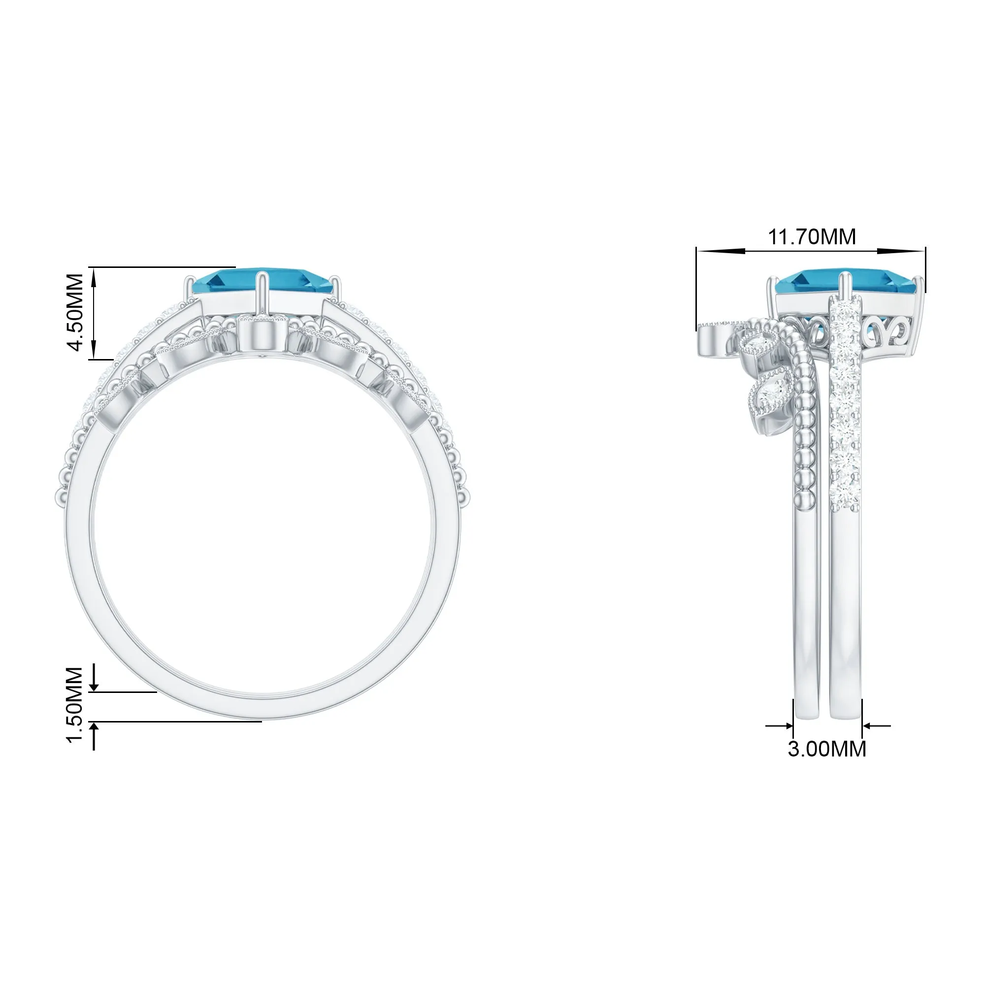 Princess Cut Swiss Blue Topaz Vintage Ring Set with Diamond
