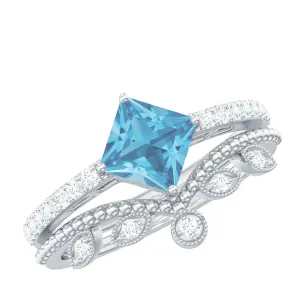 Princess Cut Swiss Blue Topaz Vintage Ring Set with Diamond