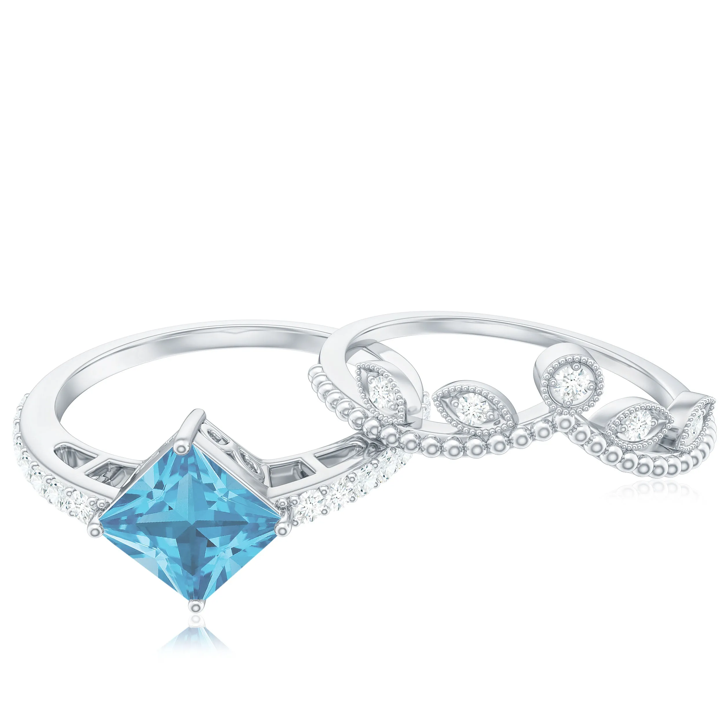 Princess Cut Swiss Blue Topaz Vintage Ring Set with Diamond