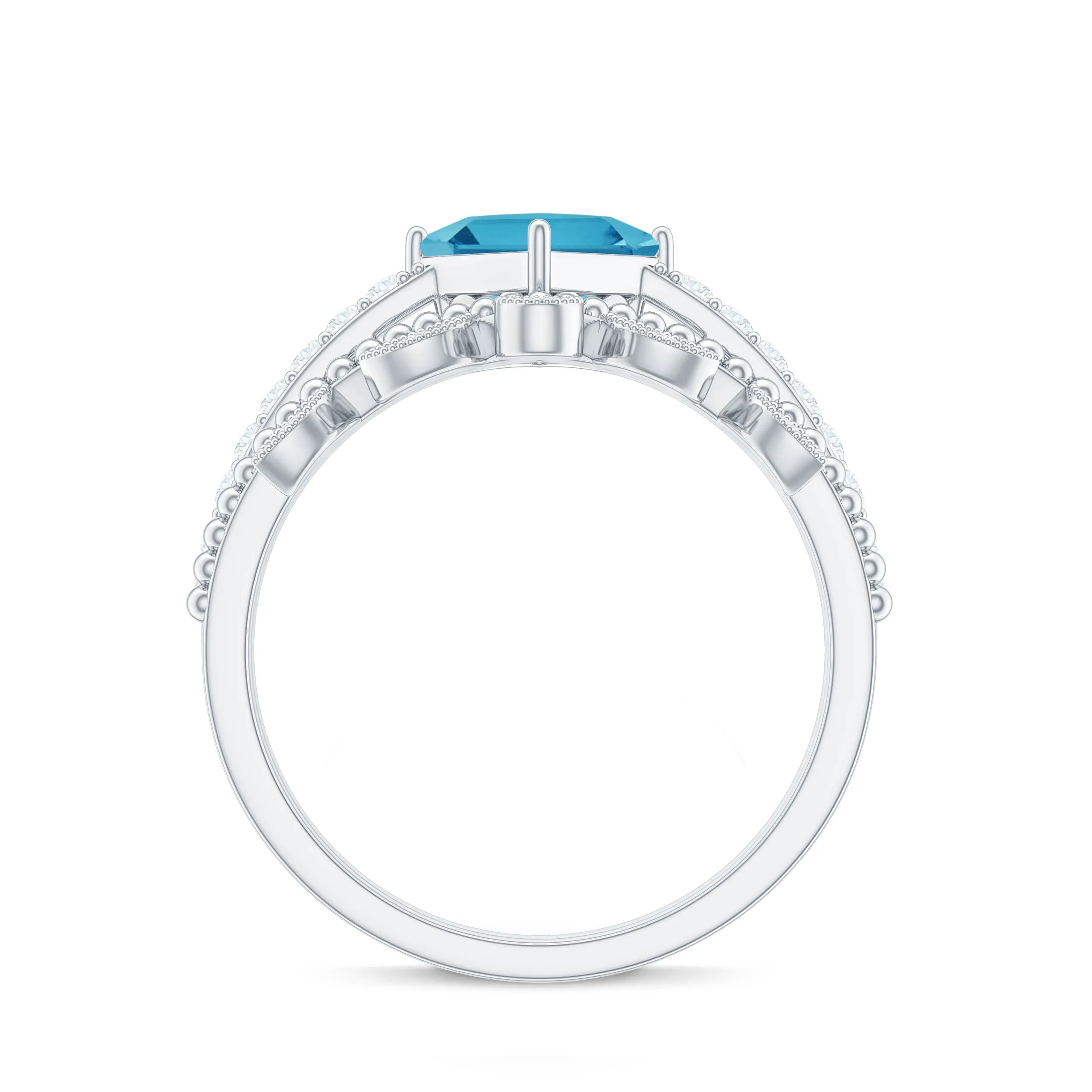 Princess Cut Swiss Blue Topaz Vintage Ring Set with Diamond