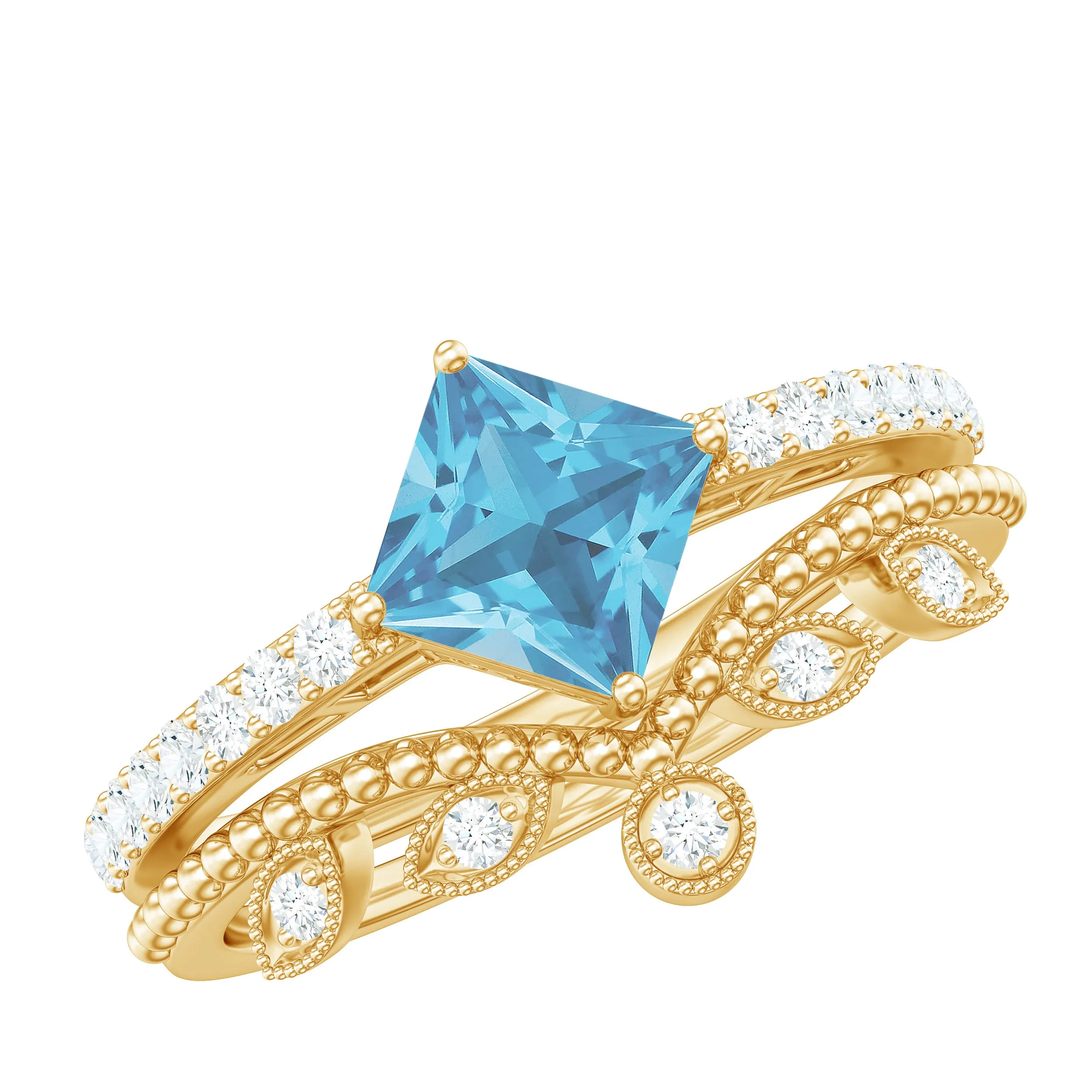 Princess Cut Swiss Blue Topaz Vintage Ring Set with Diamond
