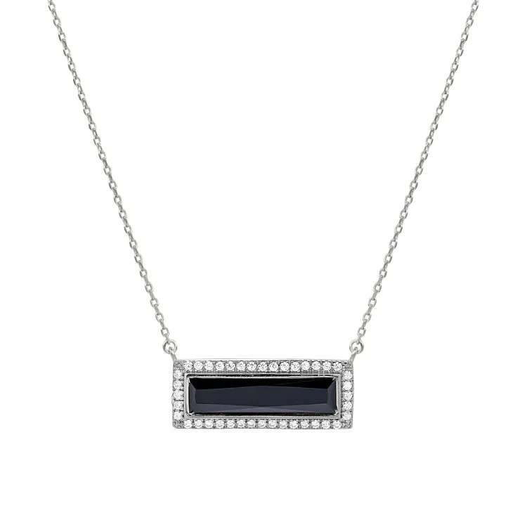 Rhodium Finish Sterling Silver Necklace with Rectangular Simulated Onyx Stone and Simulated Diamonds on 16" - 18" Chain