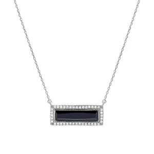 Rhodium Finish Sterling Silver Necklace with Rectangular Simulated Onyx Stone and Simulated Diamonds on 16" - 18" Chain