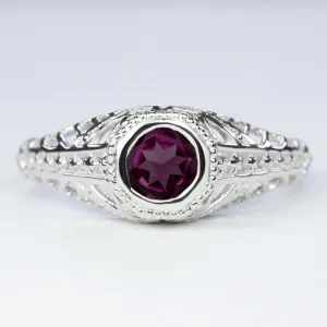 RHODOLITE GARNET STERLING SILVER RING VINTAGE STYLE FILIGREE SOLITAIRE GEMSTONE