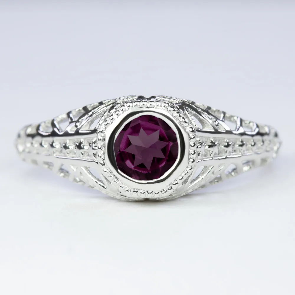 RHODOLITE GARNET STERLING SILVER RING VINTAGE STYLE FILIGREE SOLITAIRE GEMSTONE