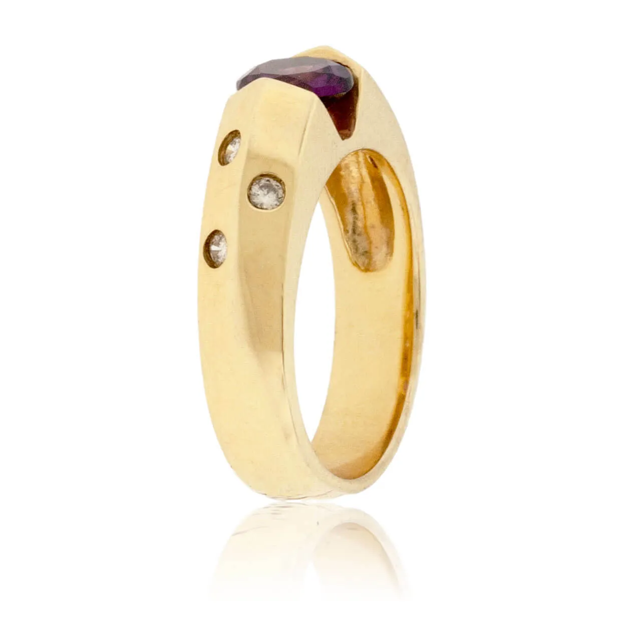 Round Rhodolite Garnet and Gypsy Set Diamond Ring