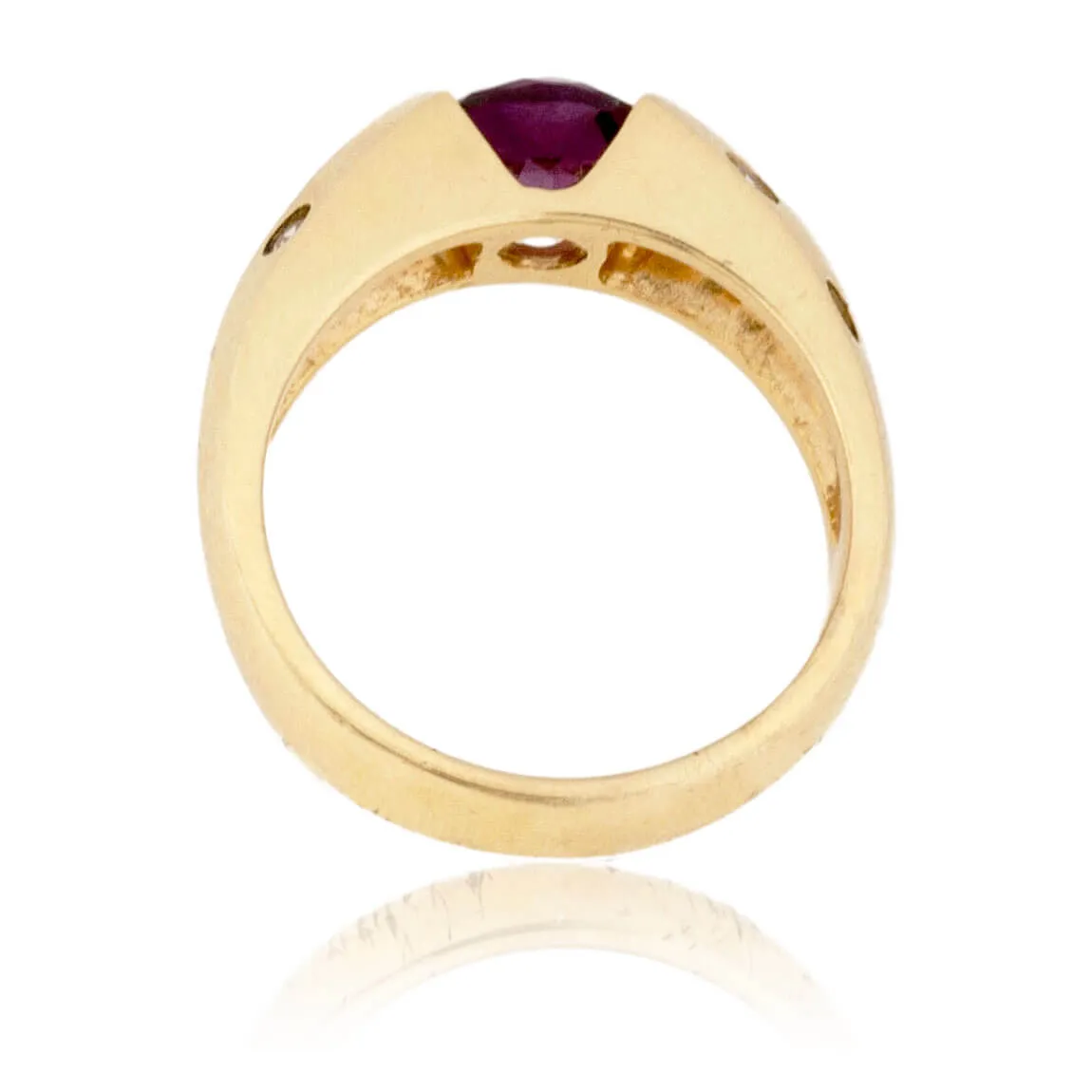 Round Rhodolite Garnet and Gypsy Set Diamond Ring