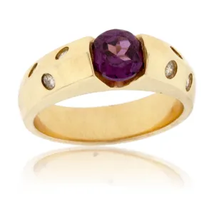 Round Rhodolite Garnet and Gypsy Set Diamond Ring