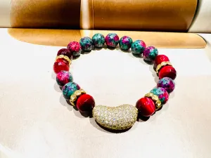 Ruby Zoisite Gemstone & Rhinestone  Bracelet