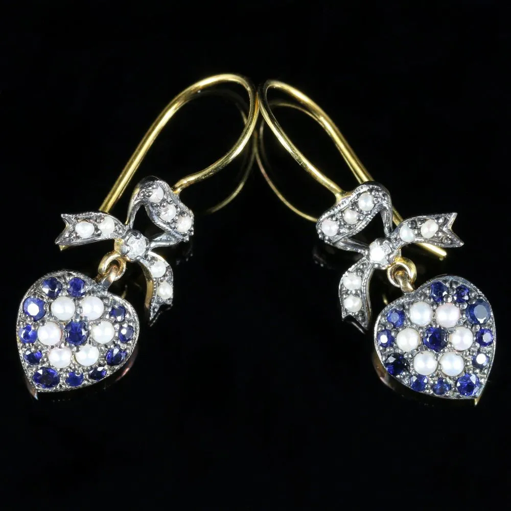 Sapphire Diamond Pearl Heart Earrings 18Ct Gold