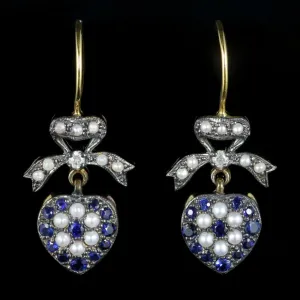 Sapphire Diamond Pearl Heart Earrings 18Ct Gold