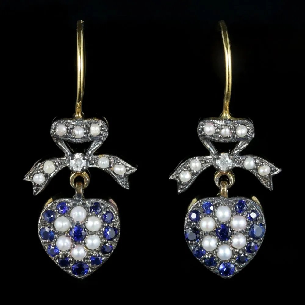 Sapphire Diamond Pearl Heart Earrings 18Ct Gold