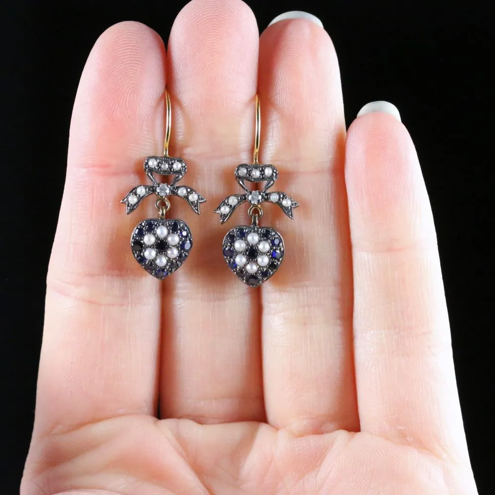 Sapphire Diamond Pearl Heart Earrings 18Ct Gold