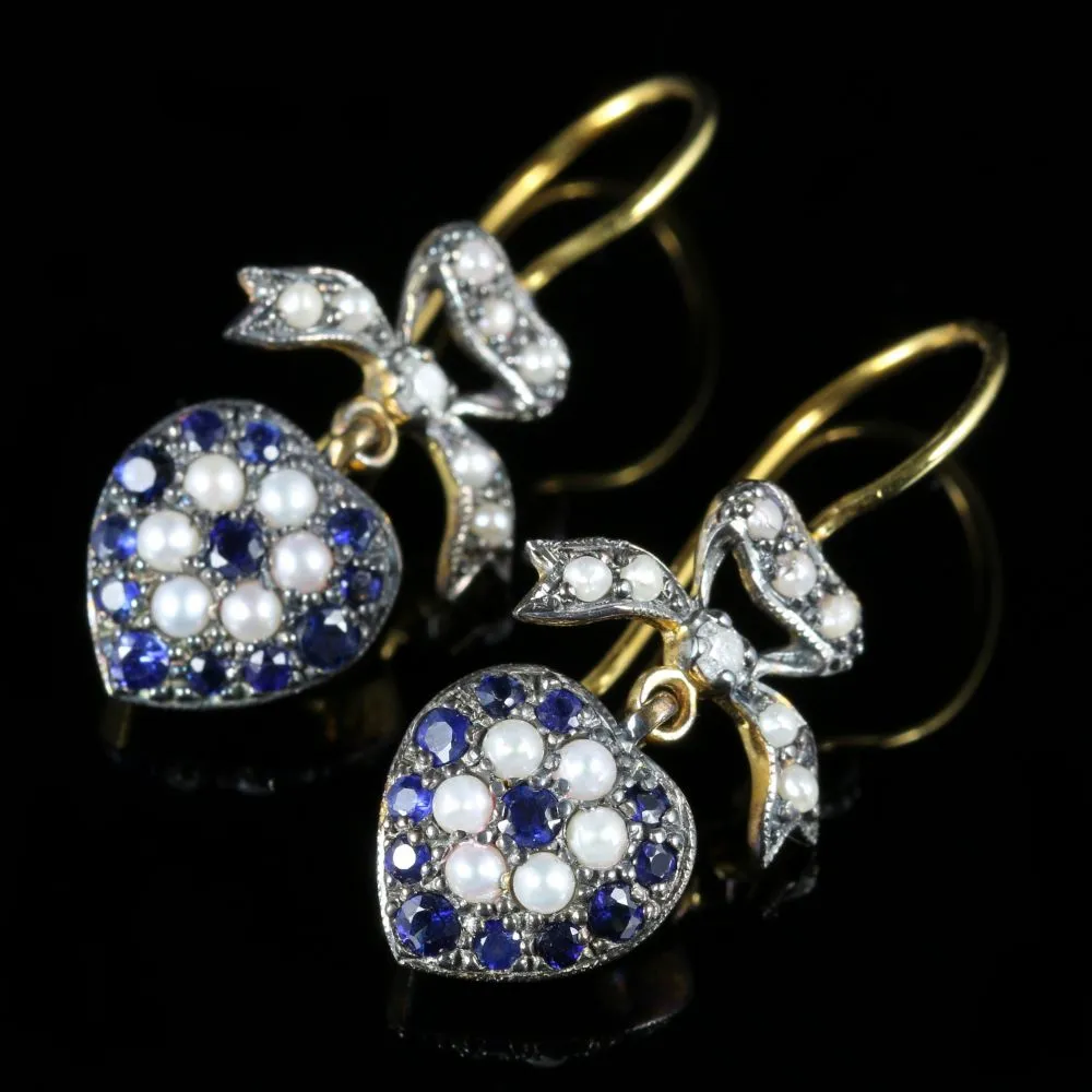 Sapphire Diamond Pearl Heart Earrings 18Ct Gold