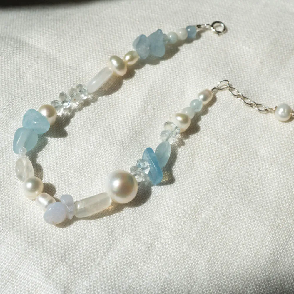 'Seabird' Aquamarine   Moonstone Beaded Bracelet