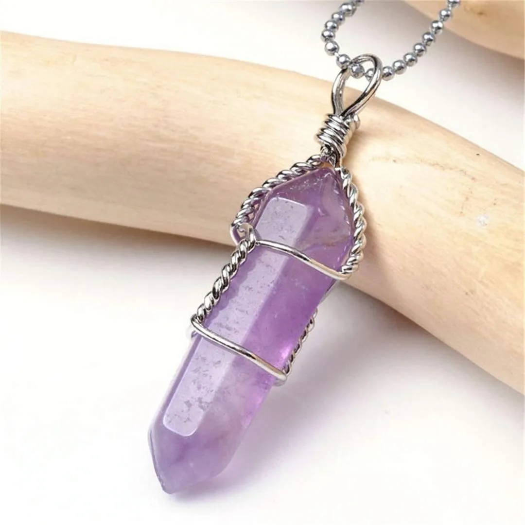 Set of 3 Wire-Wrapped Mineral Point Pendants - Amethyst, Quartz & Rose Quartz