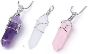 Set of 3 Wire-Wrapped Mineral Point Pendants - Amethyst, Quartz & Rose Quartz