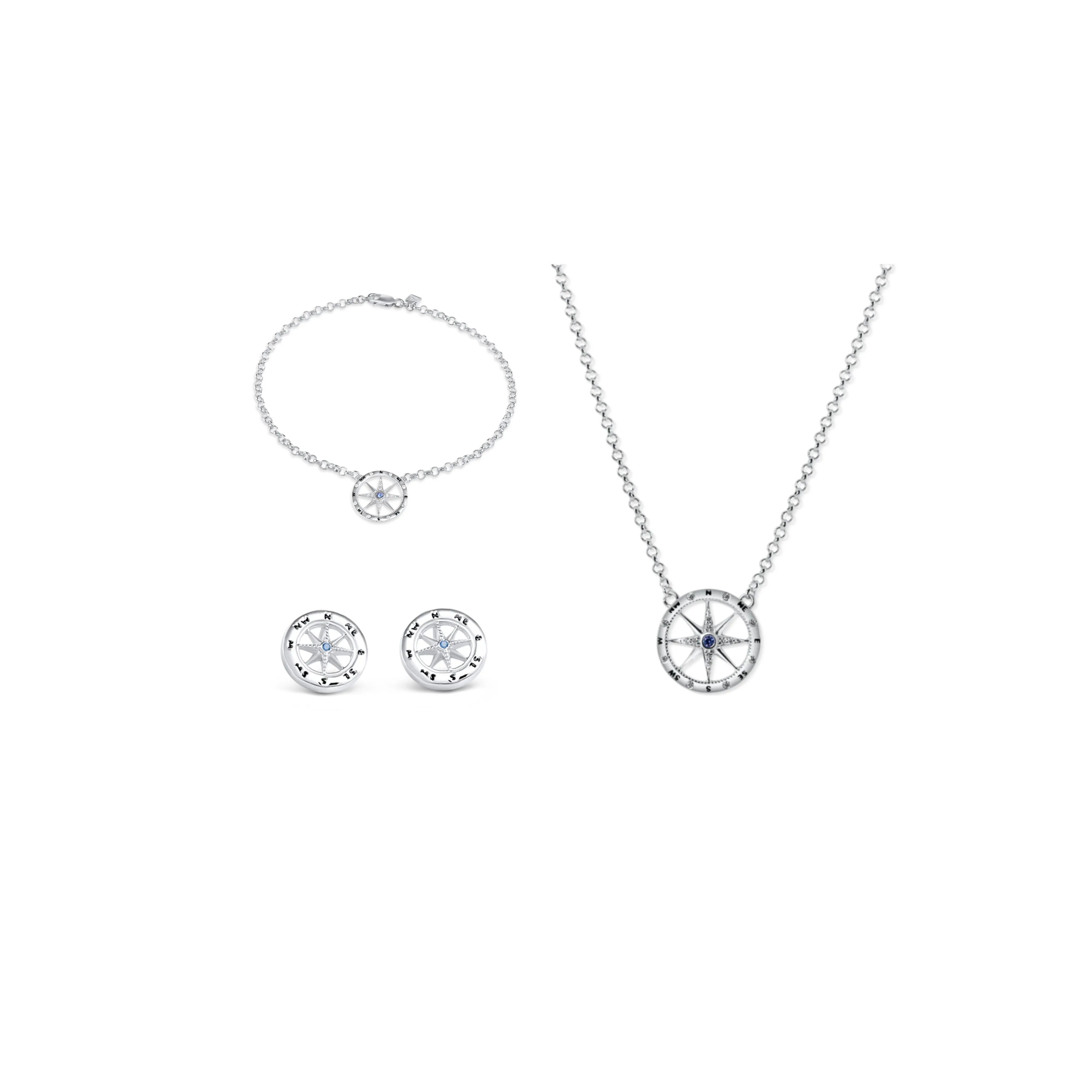 Set of Ladies 3/4" Compass Necklace, Bracelet, Stud Earrings from Nau-T-Girl in Silver with Imitation Blue Stone