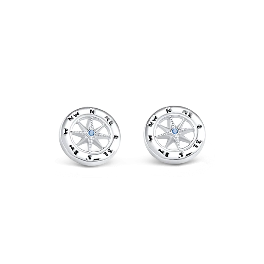 Set of Ladies 3/4" Compass Necklace, Bracelet, Stud Earrings from Nau-T-Girl in Silver with Imitation Blue Stone