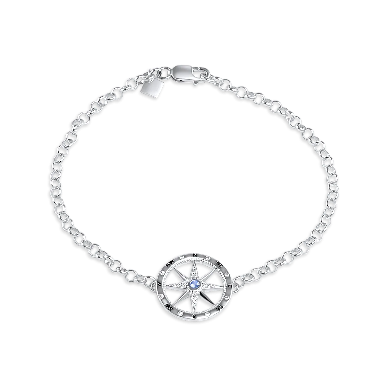 Set of Ladies 3/4" Compass Necklace, Bracelet, Stud Earrings from Nau-T-Girl in Silver with Imitation Blue Stone