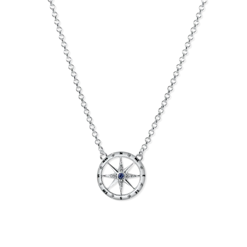 Set of Ladies 3/4" Compass Necklace, Bracelet, Stud Earrings from Nau-T-Girl in Silver with Imitation Blue Stone