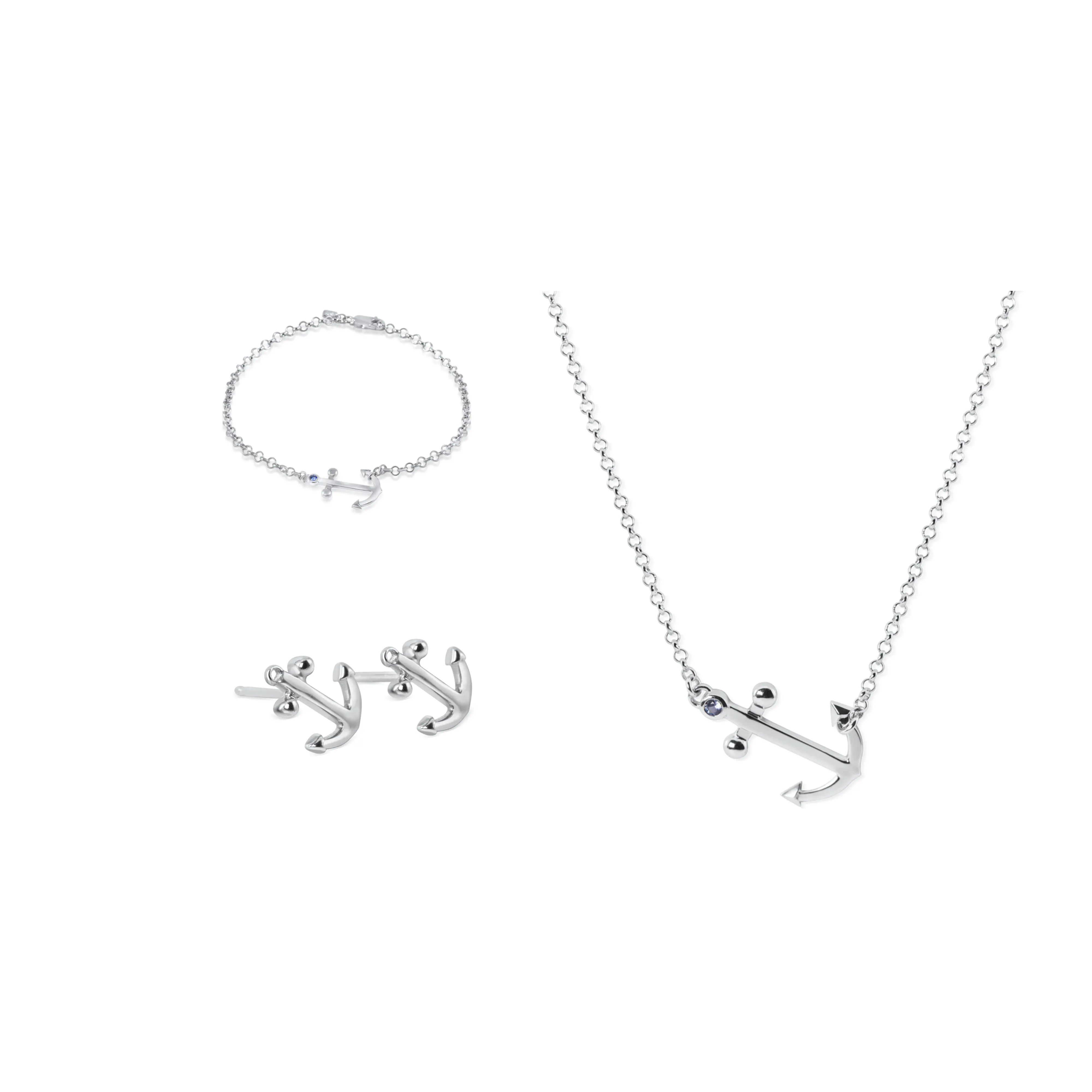 Set of Ladies Anchor Necklace, Bracelet, Stud Earrings from Nau-T-Girl in Silver with Imitation Blue Stone