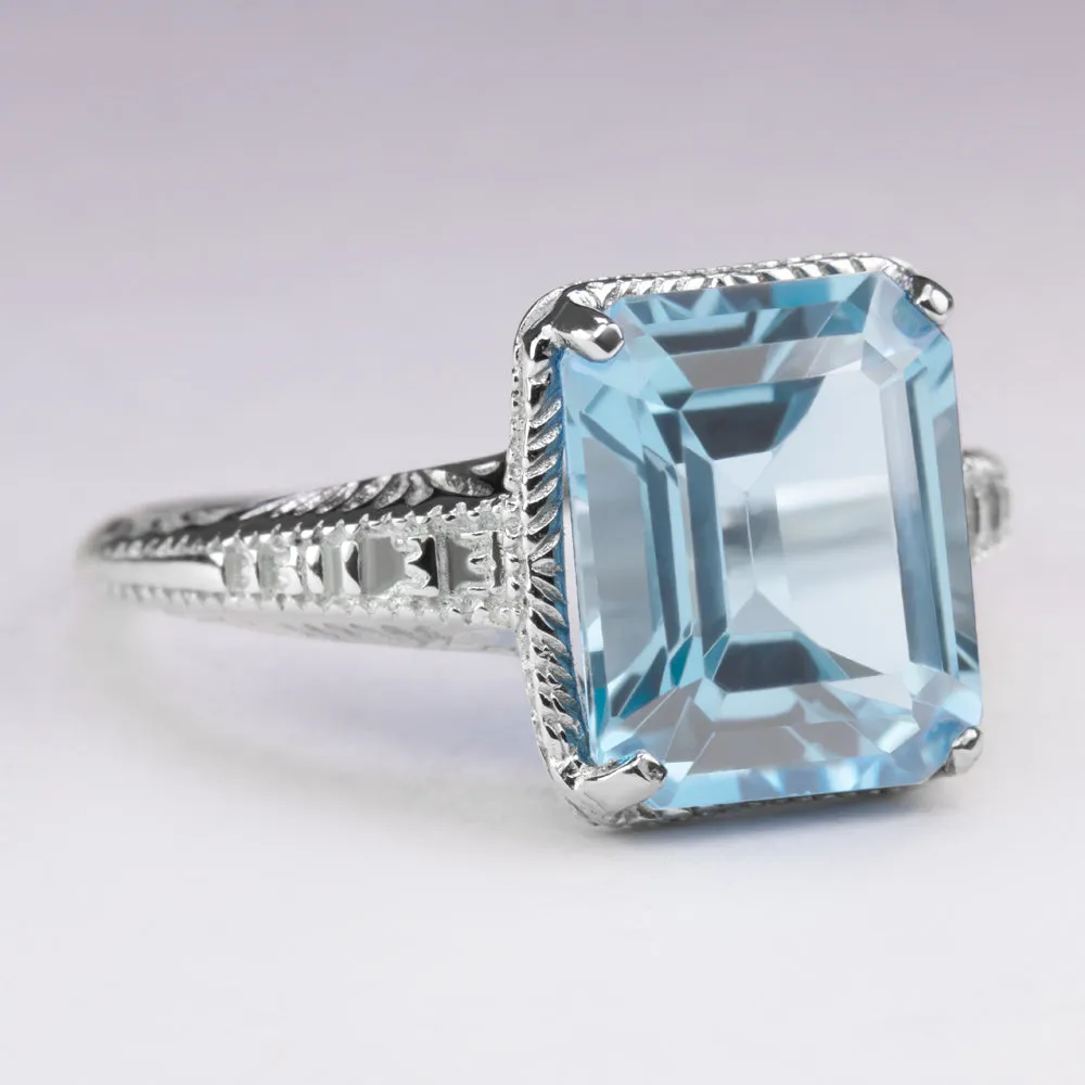 SKY BLUE TOPAZ VINTAGE STYLE RING STERLING SILVER ART DECO SOLITAIRE ENGRAVED