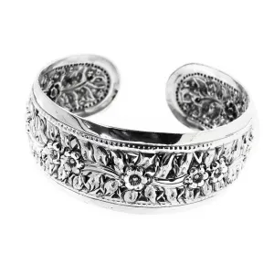 Statement Silver Bangle Intricate Floral Cuff for Ladies and Girls