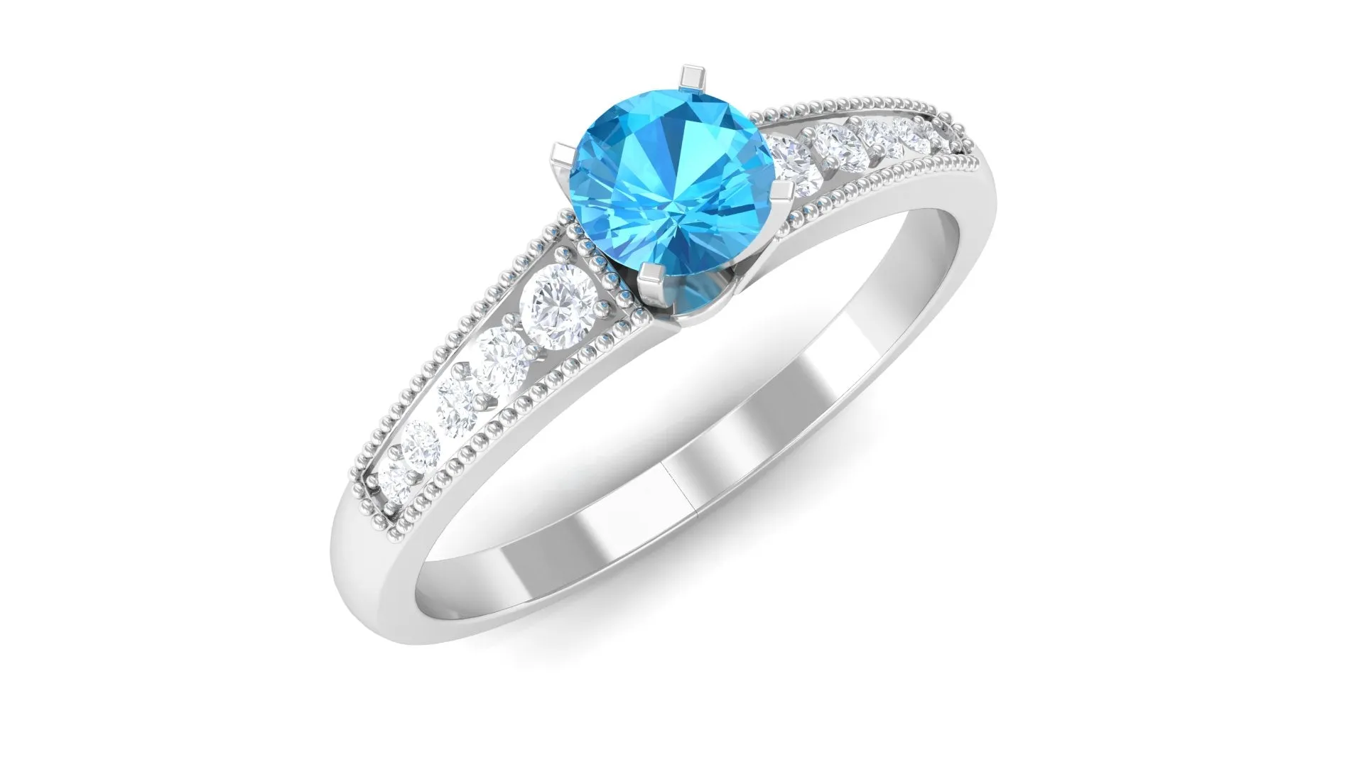 Swiss Blue Topaz Solitaire Ring with Diamond Side Stones