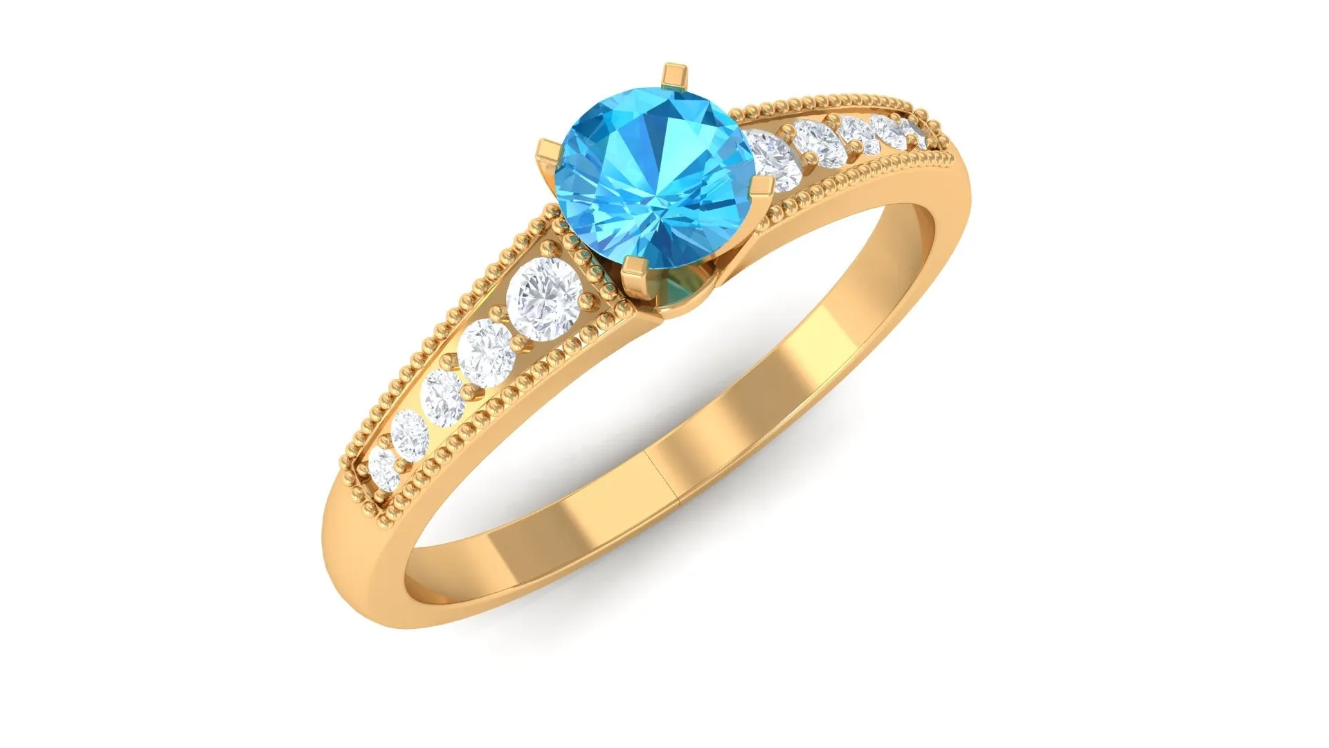 Swiss Blue Topaz Solitaire Ring with Diamond Side Stones