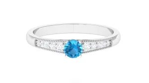Swiss Blue Topaz Solitaire Ring with Diamond Side Stones