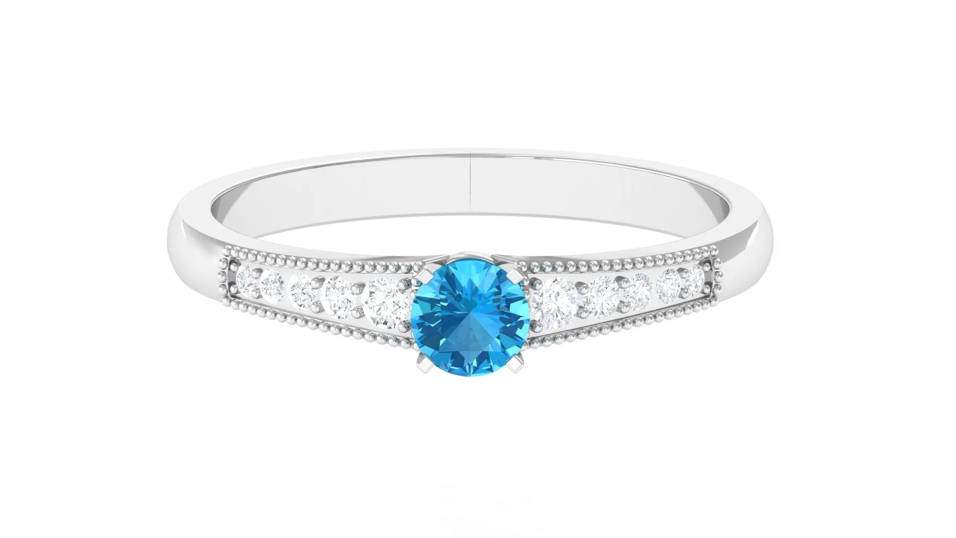 Swiss Blue Topaz Solitaire Ring with Diamond Side Stones