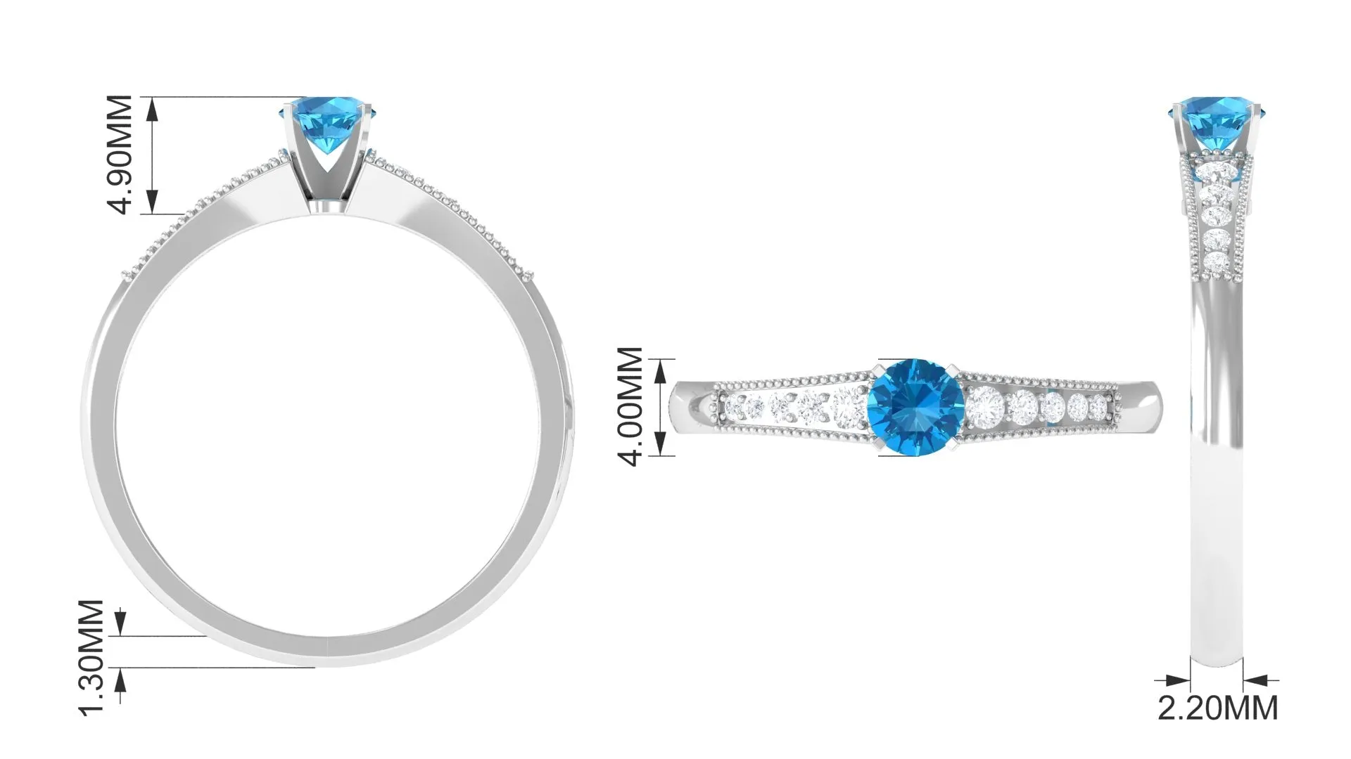 Swiss Blue Topaz Solitaire Ring with Diamond Side Stones